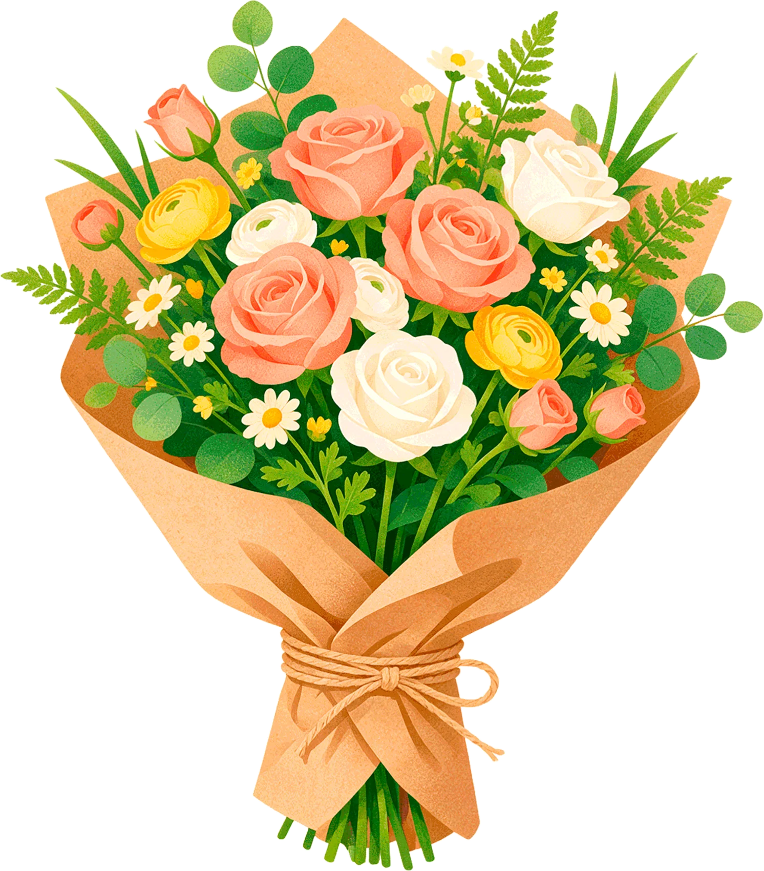 淡いピンクと白の花に、黄色の花を添えた大きな花束。