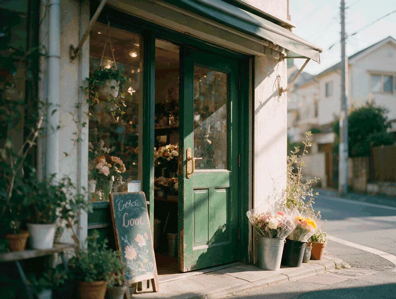 緑色の扉と店先に花が並ぶ、小さな花屋の外観イメージ。