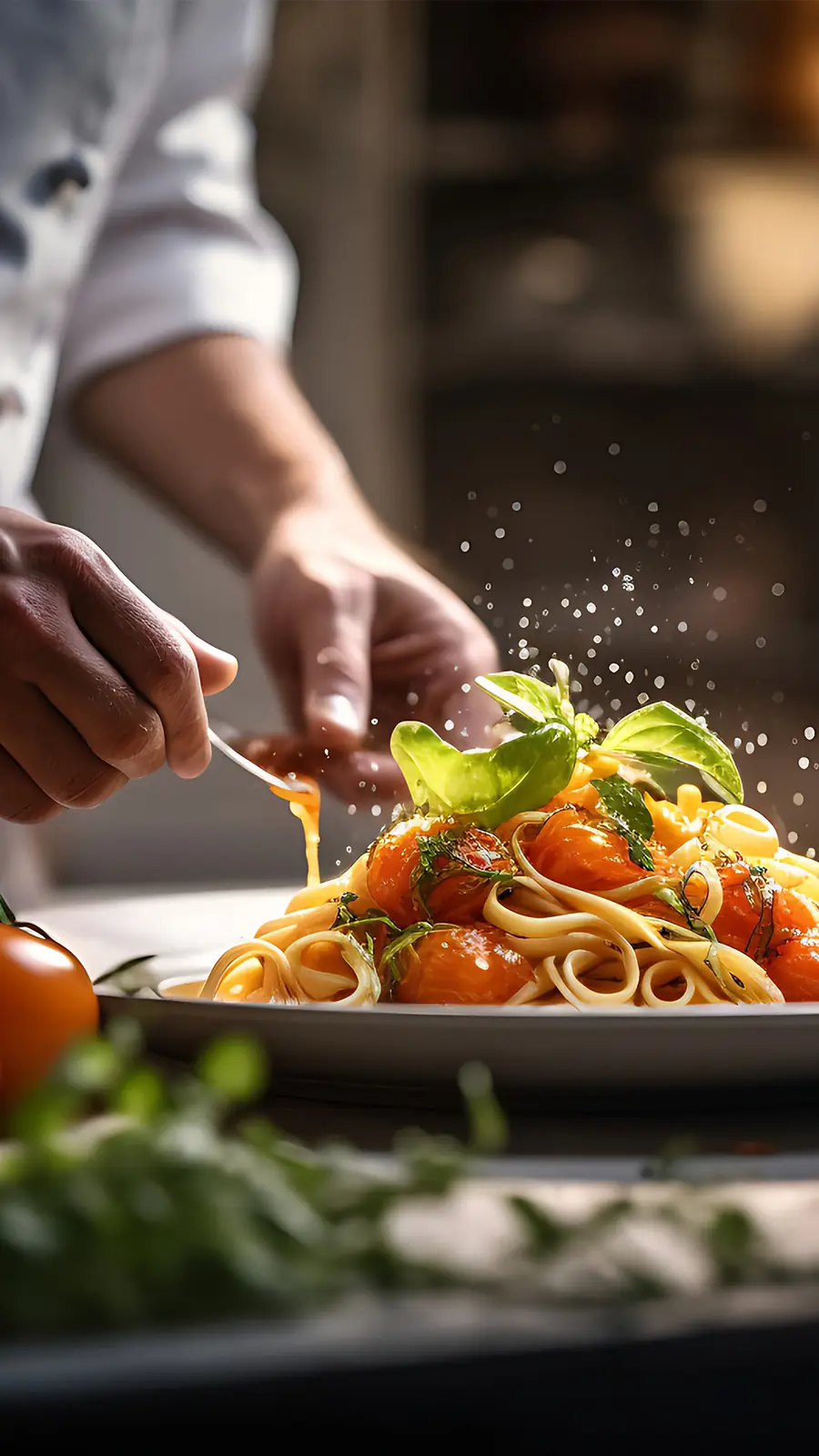 パスタを仕上げるシェフの手元